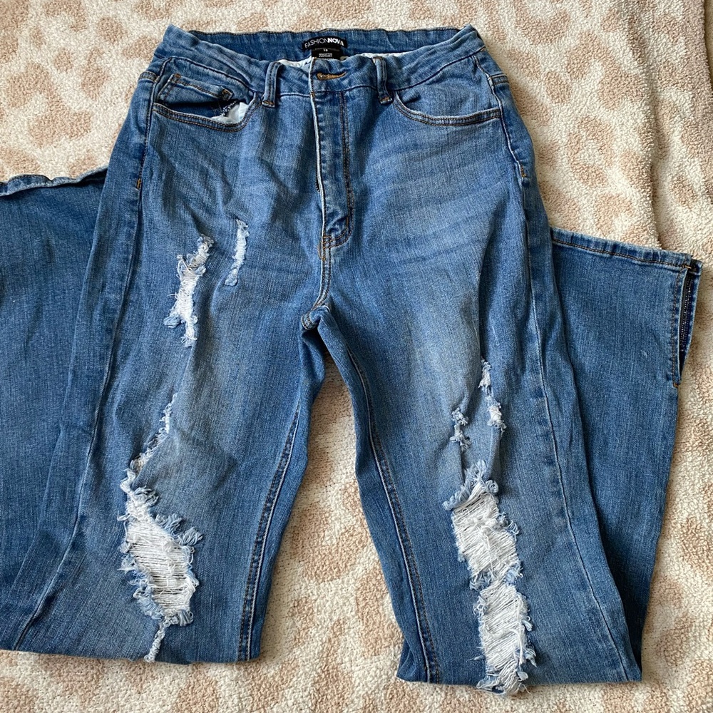 Fashion Nova Ripped Blue Straight Leg Jeans